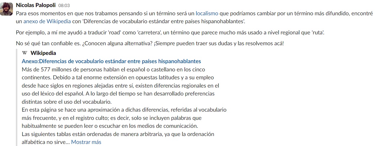 Ejemplo de mensaje en el Slack de MetaDocencia, durante el proceso de contextualización.