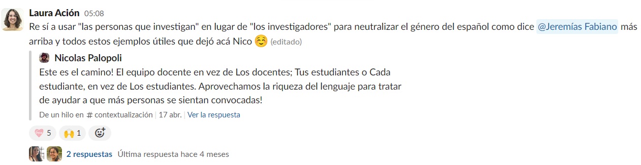 Otro ejemplo de uso de Slack para construir acuerdos de traducción concernientes al uso del español con género neutro.
