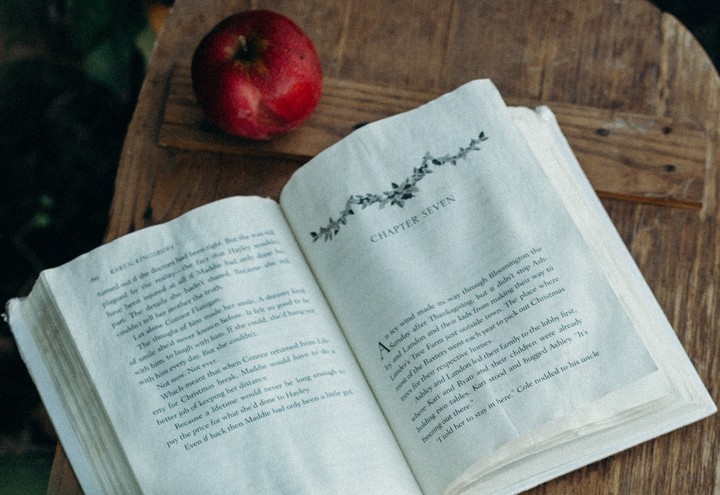 Una manzana roja y un libro abierto sobre una canasta de picnic  Foto de Liana Mikah.