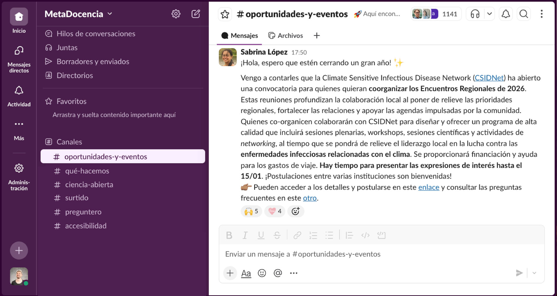 Captura de la plataforma de Slack donde se ve cómo aparecen los intercambios en los distintos canales
