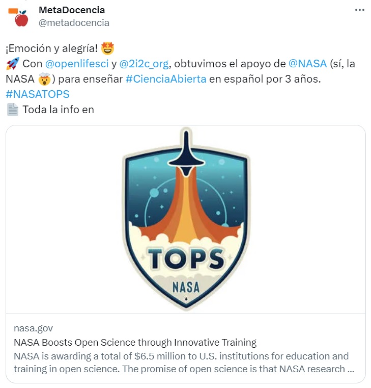 Excitement and joy! We got the support of NASA to teach #OpenScience in Spanish for 3 years.