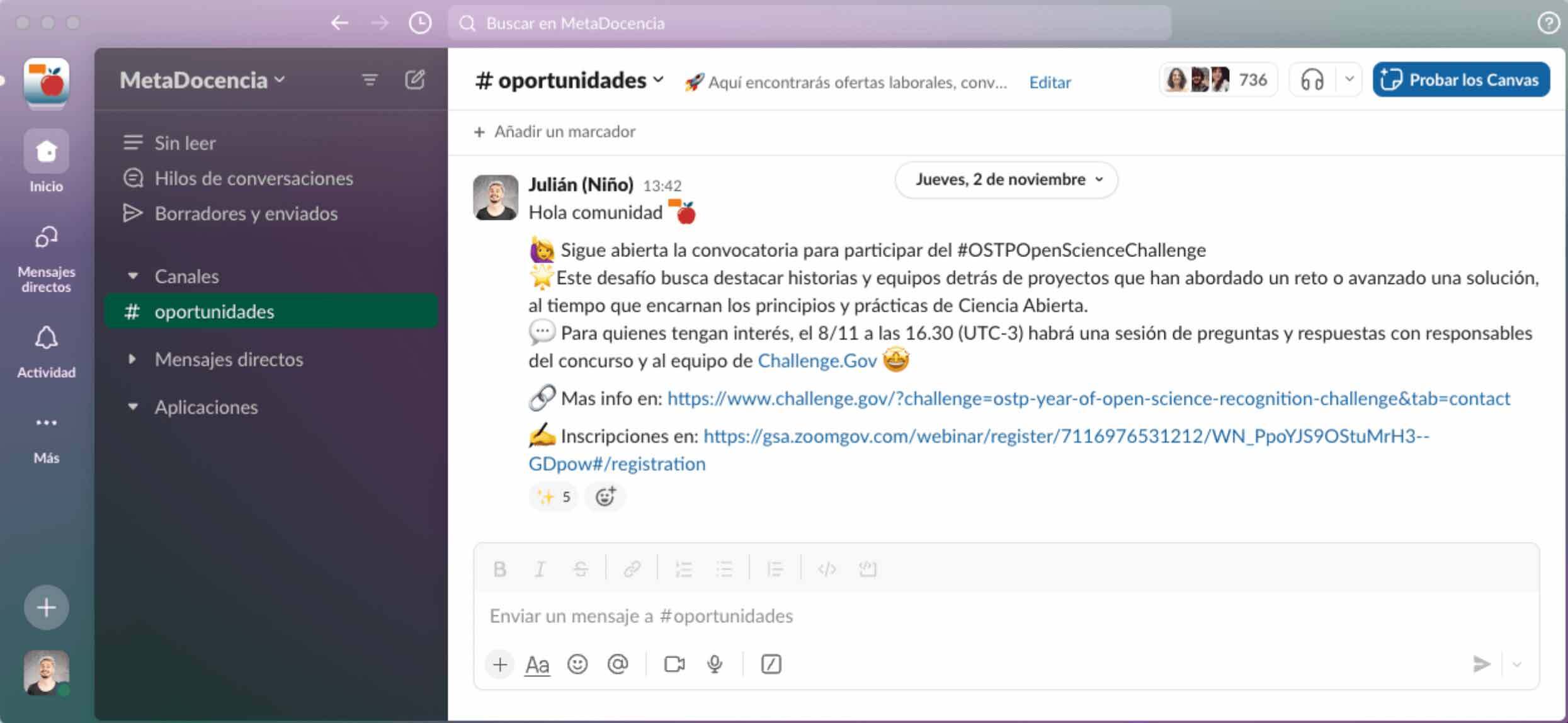 Captura de la plataforma de Slack donde se ve cómo aparecen los intercambios en los distintos canales