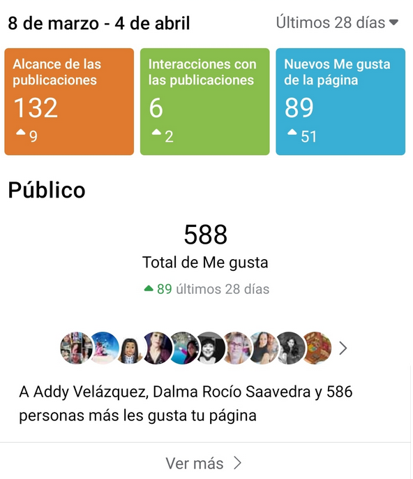 Estadisticas del sitio desde el 8 de marzo al 4 de abril. 588 total de Me Gusta. Alcance de las publicaciones 132, Iteraciones 6, nuevos me gusta 89.