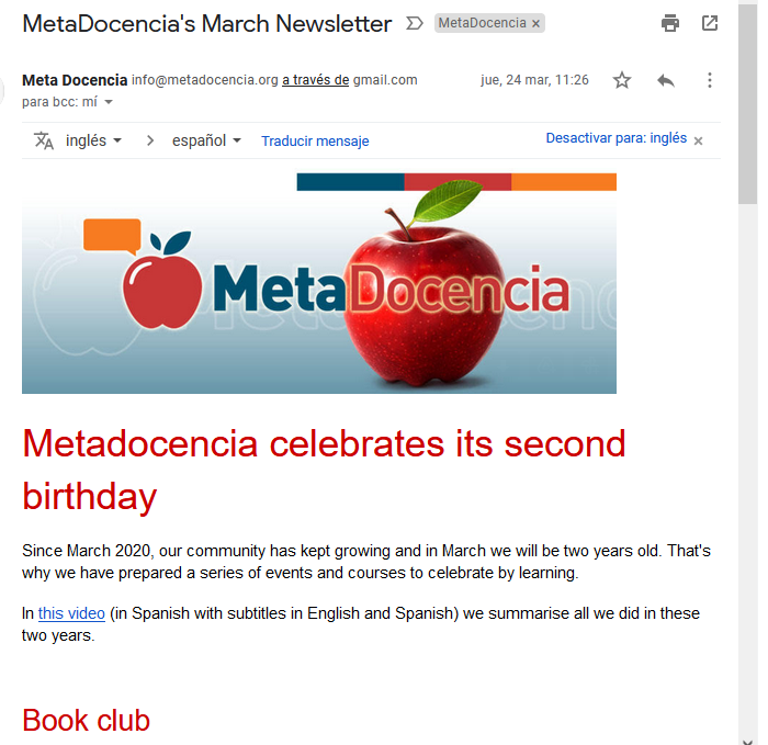 Encabezado con la manzana realista y MetaDocencia como nombre. Titulo en inglés: MetaDocencia celebrates its second birthday