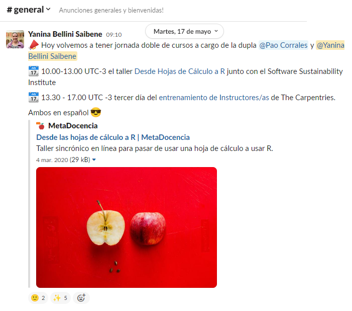 mensaje de Yanina Bellini Saibene compartiendo el taller Desde las hojas de calculo a R y del entrenamiento para instructores de The Carpentries