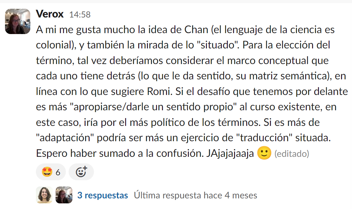 Ejemplo de uno de los mensajes de intercambio en Slack de MetaDocencia.