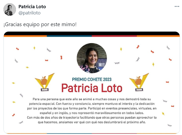 Captura de pantalla de la insignia del Premio Manzanita que recibió Patri, compartido por ella en su cuenta personal de Twitter.