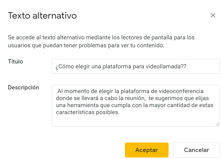 En esta captura se muestra cómo completar el título y la descripción de la imagen