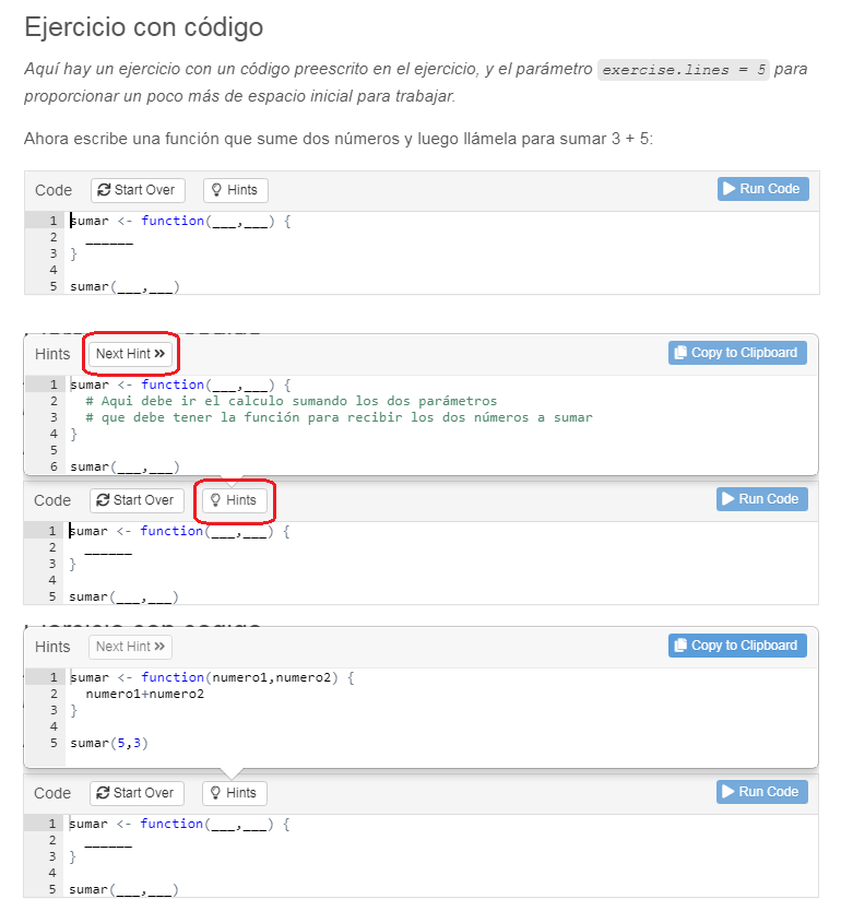 Ejemplos de código para completar, pista y solución y como se ve en el tutorial