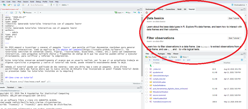 Captura de pantalla del panel Tutorial incorporado en RStudio