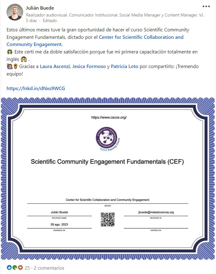 Certificación compartida del curso CEF en LinkedIn.