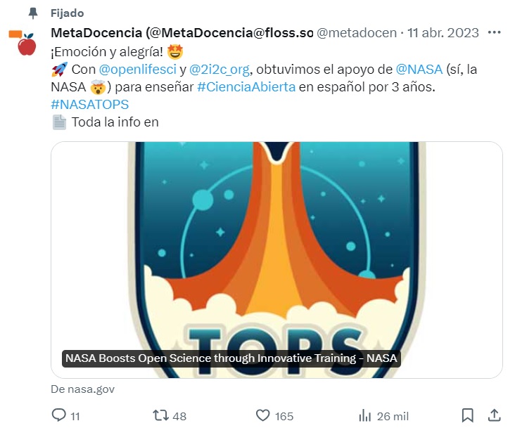 La noticia sobre el apoyo de NASA fue compartida 48 veces por nuestra comunidad en Twitter.
