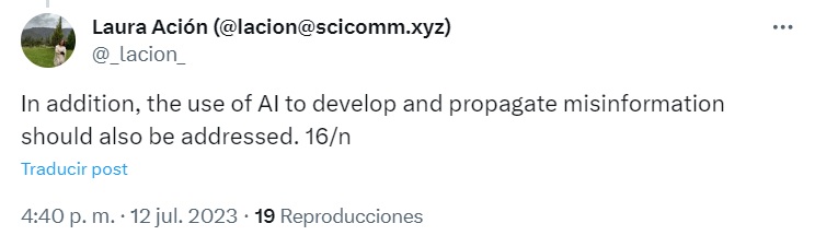 Tweet de Laura Ación sobre impactos de la inteligencia artificial que captó la atención de la editora de Nature